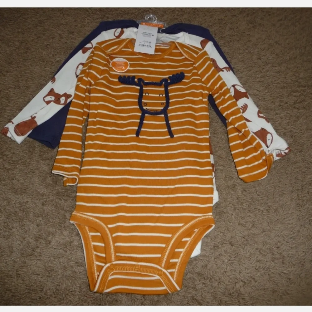 Carters Boys 3 Pack Long Sleeve Bodysuits - Moose, Fox, Wolf